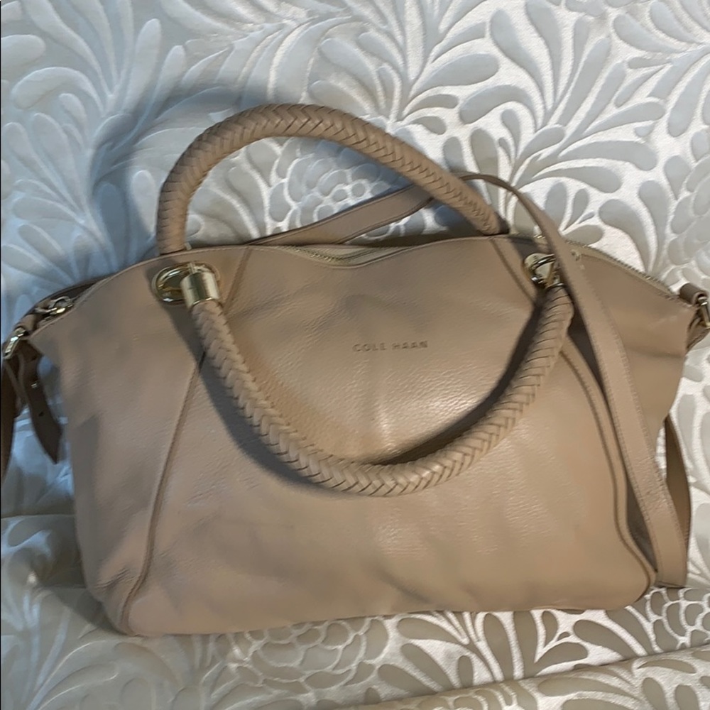 Cole Haan light tan braided handle satchel